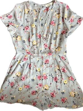 Floral Short Sleeve Romper in Light Gray with Pink & Yellow Blooms